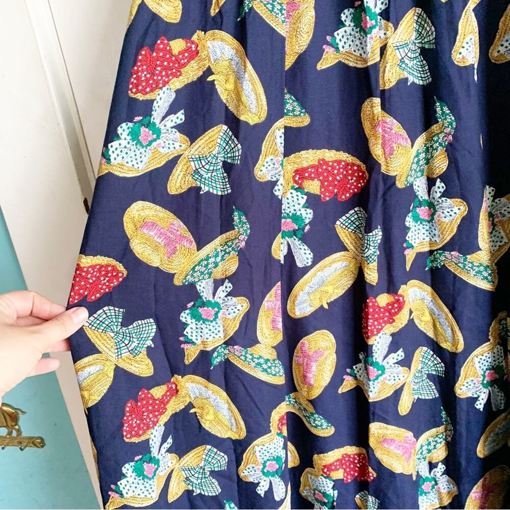 Vintage Susan Bristol Navy Straw Hat Print Pleated Midi Skirt Grandmacore 12 - Picture 7 of 9